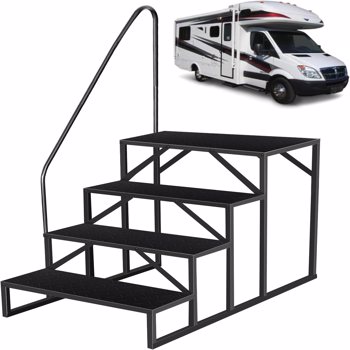 RV Step 4 Step Ladder, Upgrade RV Step with Handrails, Heavy Duty RV Stairs with Anti-Slip Pedal Hot Tub Steps Outdoor, Removable Camper Step for Camper/Spa/Porch/Pet/Mobile Home