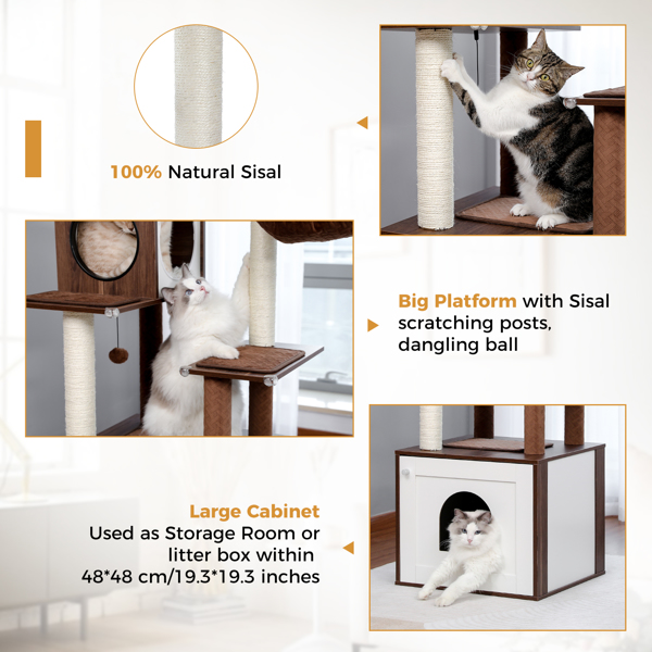 56.7" Cat Tree with Litter Box Enclosure Large, Wood Cat Tower for Indoor Cats with Storage Cabinet and Cozy Cat Condo, Sisal Covered Scratching Post and Repalcable Dangling Balls, Brown