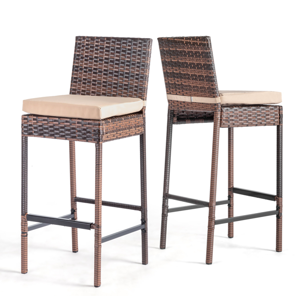 Set of 2 Patio Wicker Barstools, Outdoor Bar Height Chairs with Seat Cushions & Footrests for Patio Porch Backyard Living Room Balcony, Brown Gradient Rattan & Beige Cushion
