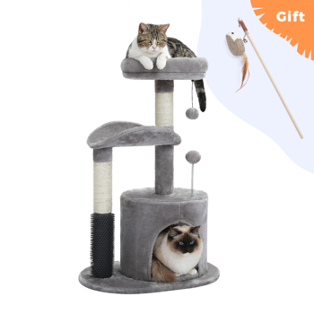  Small Cat Tree for Indoor Cats, Medium Cat Tower with Interactive Cat Toy, 32.7\\" Cat Condo with Self Groomer Brush, Natural Cat Scratching Post, Dangling Balls for Small & Medium Cats, Beige