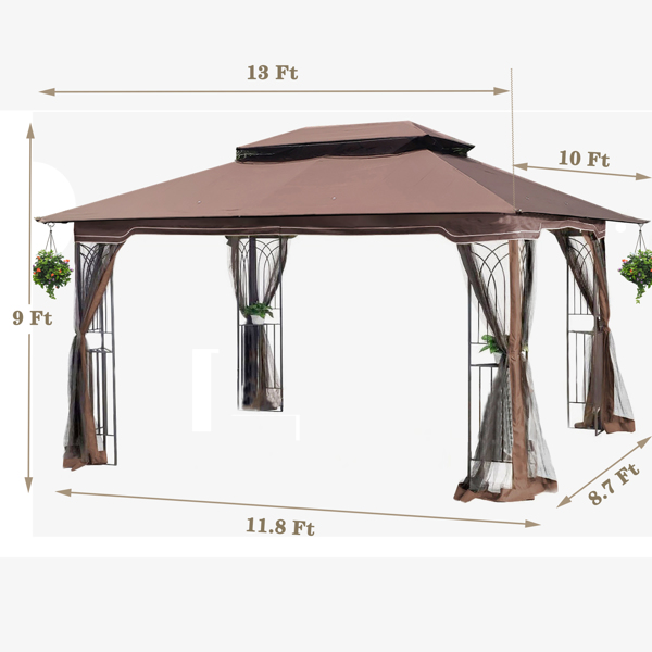 13x10 Outdoor Patio Gazebo Canopy Tent With Ventilated Double Roof And Mosquito Net(Detachable Mesh Screen On All Sides),Suitable for Lawn, Garden, Backyard and Deck,Brown Top [Sale to Temu is Banned.