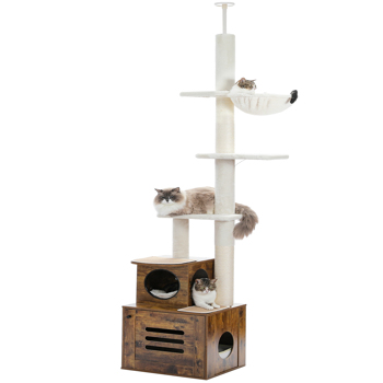 Cat Tree Floor to Ceiling Cat Tower for Indoor Cats, Cat Condo for Indoor Cats Adjustable Height 90.6-110.2\\", 6 Tiers Modern Cat Tree with Litter Box Enclosure, Scratching Post, Brown