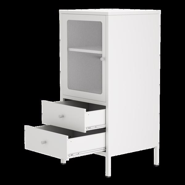 Small bathroom locker with transparent doors on top and two drawers on the bottom. white.