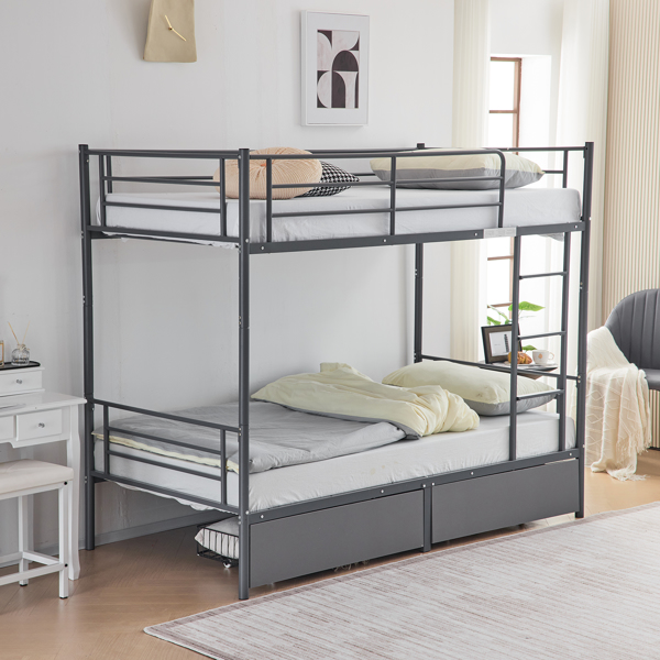 Twin Over Twin Convertible Bunk Bed with 2 Storage Drawers, Metal Bunk Bed Can be Divided Into Two Daybeds, Grey