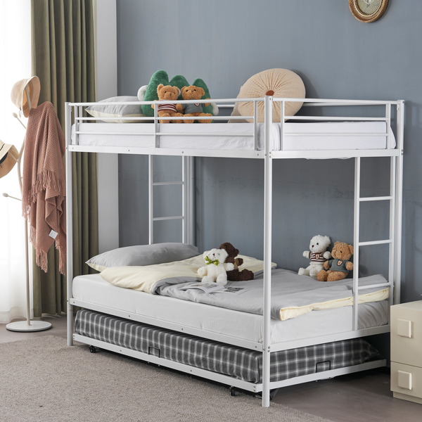 Twin Over Twin Bunk Bed with Trundle, Triple Bunk Beds for Kids Teens Adults, Metal Bunk Bed with Two Side Ladder and Guardrails, White