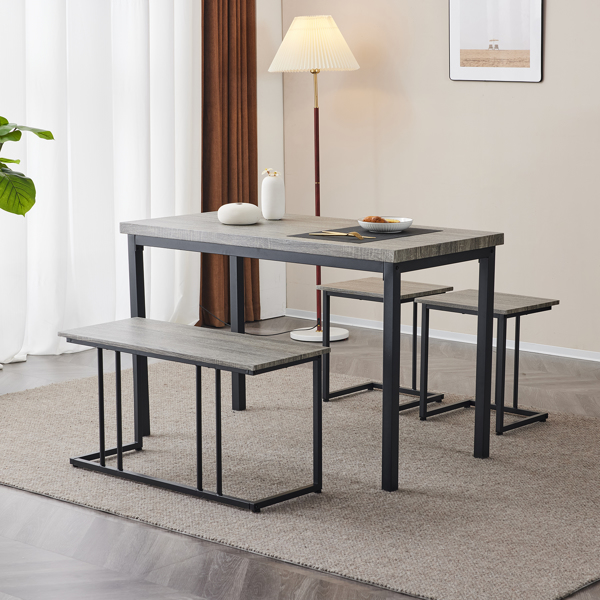 Dining Table Set for 4, Kitchen Table with 2 Stools and a Bench, 4 Piece Kitchen Table Set for Small Space, Home Kitchen Bar Pub Apartment, Gray