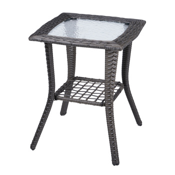 Outdoor Wicker Side Table, Rattan End Table with Glass Top, Patio Coffee Bistro Table for Indoor Garden Porch Balcony, Grey