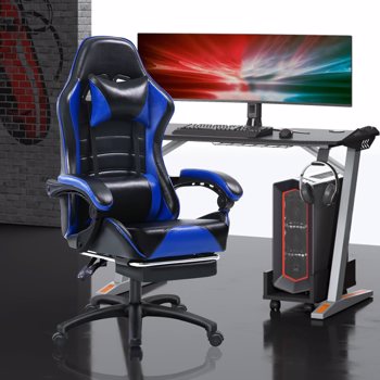 Ergonomic Gaming Chair with Footrest, PU Leather Video Game Chairs for Adults, Reclining Gamer Chair Office Chair with Lumbar Support, Comfortable Computer Chair for Heavy People, Blue