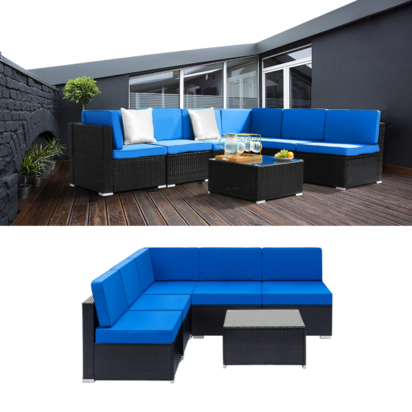 Fully Equipped Weaving Rattan Sofa Set with 2pcs Middle Sofas & 4pcs Single Sofas & 1 pc Coffee Table Black Embossed   - Woven Rattan