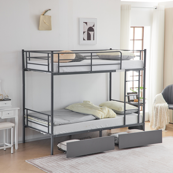 Twin Over Twin Convertible Bunk Bed with 2 Storage Drawers, Metal Bunk Bed Can be Divided Into Two Daybeds, Grey