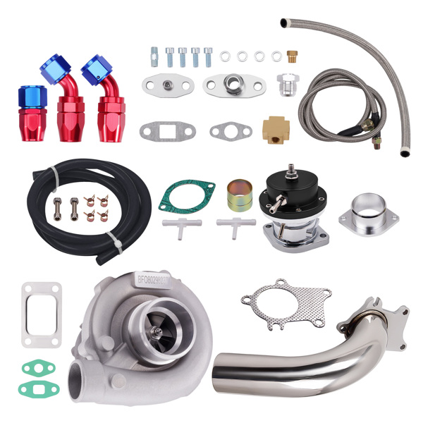 T3 T4 T04E Universal Turbo Kit + Type-RS BOV Blow Off Valve + Oil Feed Return Line Turbocharger Kit+ Downpipe