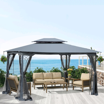 13x10 Outdoor Patio Gazebo Canopy Tent With Ventilated Double Roof And Mosquito Net(Detachable Mesh Screen On All Sides),Suitable for Lawn, Garden, Backyard and Deck,Gray Top [Weekend can not be shipp