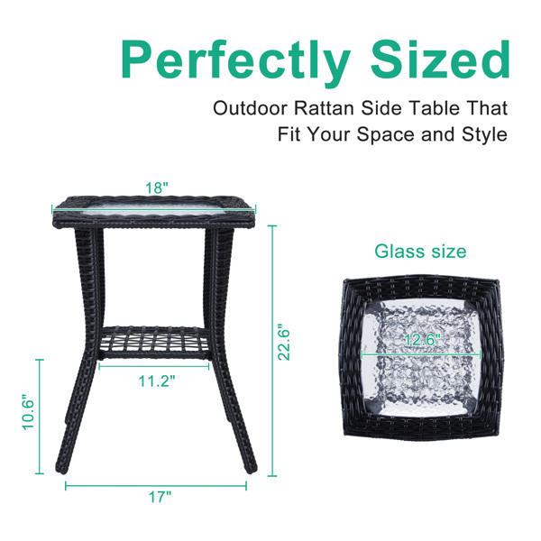 Outdoor Wicker Side Table, Rattan End Table with Glass Top, Patio Coffee Bistro Table for Indoor Garden Porch Balcony, Black