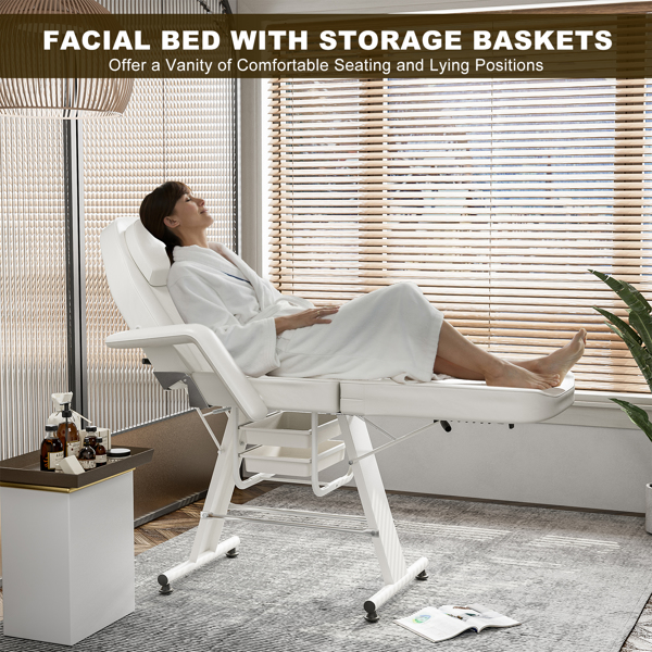 Facial Bed with 2 Adjustable Storage Baskets, Tattoo Chair for Client, White