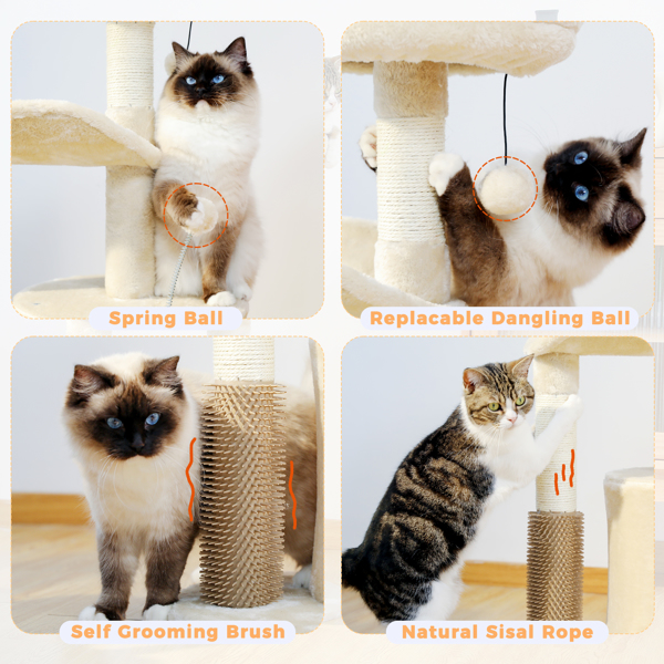 Small Cat Tree for Indoor Cats, Medium Cat Tower with Interactive Cat Toy, 32.7" Cat Condo with Self Groomer Brush, Natural Cat Scratching Post, Dangling Balls for Small & Medium Cats, Beige(Unable to