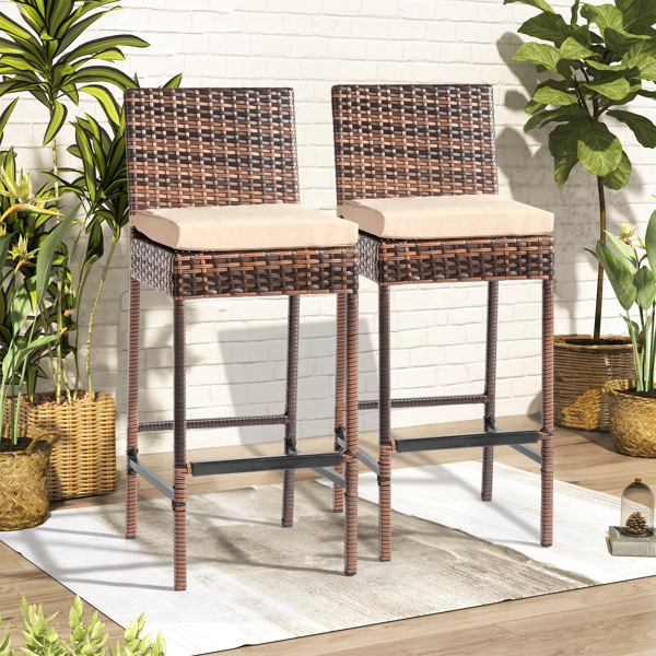 Set of 2 Patio Wicker Barstools, Outdoor Bar Height Chairs with Seat Cushions & Footrests for Patio Porch Backyard Living Room Balcony, Brown Gradient Rattan & Beige Cushion