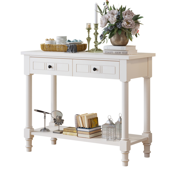 2-Tier Console Table with 2 Drawers， Console Tables for Entryway, Sofa Table with Storage Shelves, Entryway Table Behind Sofa Couch, for Living Room, Kitchen, Cream White