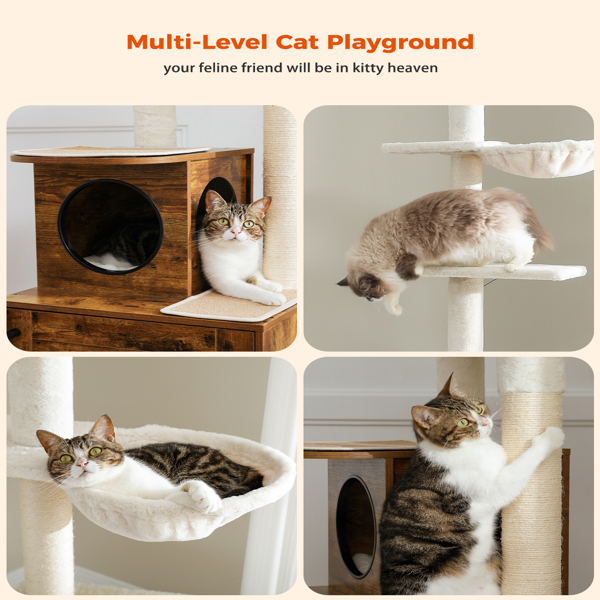 Cat Tree Floor to Ceiling Cat Tower for Indoor Cats, Cat Condo for Indoor Cats Adjustable Height 90.6-110.2", 6 Tiers Modern Cat Tree with Litter Box Enclosure, Scratching Post, Brown