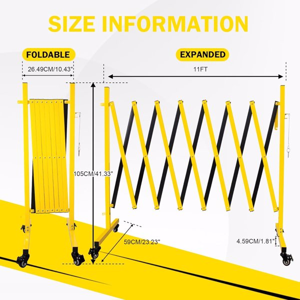 Metal Expandable Barricade, 11FT Traffic Barricade with Casters, Retractable Security Gate, Portable Driveway Gate Outdoor Barricade Fence for Construction Area, Traffic Control, Garage