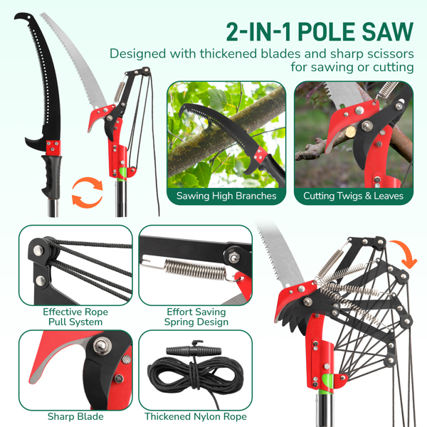 26ft Manual Pole Saw, Lightweight Tree Trimmers Long Handle Pruner Set, Sharp Steel Blade and Scissors Pole Saw for Trimming Palm, Pear Tree, Fir Tree, Other High Trees and Shrubs