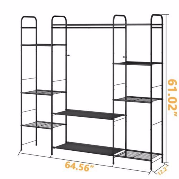 Garment Rack with Double Shelves for Hanging Clothes, Free-Standing Clothes Rack with Shelves for Bedroom, Bathroom, Metal Clothes Racks for Hanging Clothes, Coats, Shoes, Medium, Black 