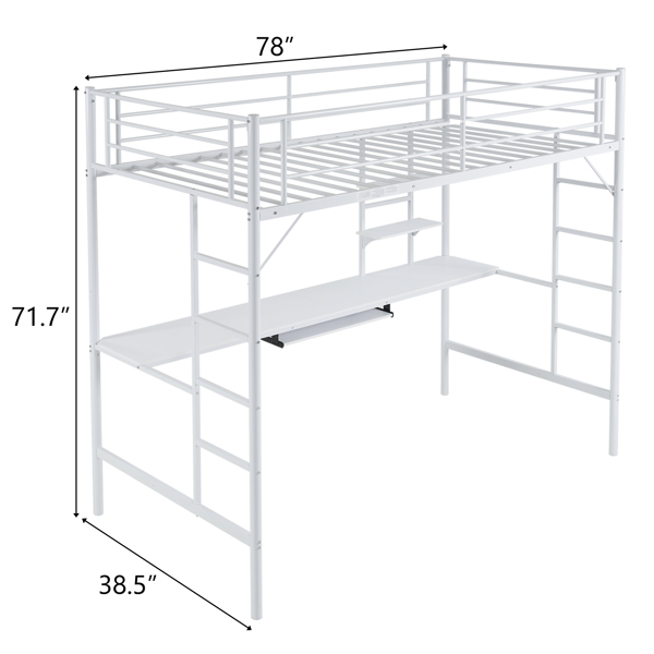 Twin Size Metal Loft Bed with Desk and Storage Shelves, 2 Built-in Ladders & Full-Length Guardrails, Loft Bed Frame for Teens Juniors Adults, Noise Free, No Box Spring Needed, White