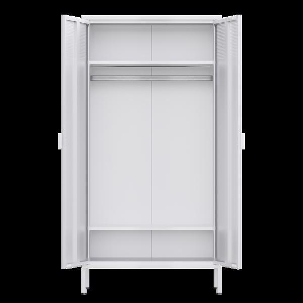 There are air holes above the door of the white wardrobe, and a storage layer (the height of the layer board can be adjusted) above and below the inside to fix the hanger bar