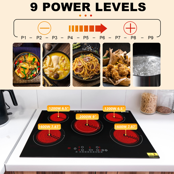 Electric Ceramic Stove! ZOKOP 30in 220v 7600w Rectangular 5-Burner Stove, Glass And Iron Spray-Coated Anti-Rust Bottom Shell, Touch Screen Embedded Wiring, Electric Ceramic Stove, Black