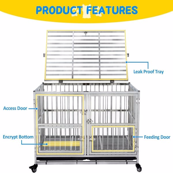 Large Dog Crate 42 inch, High Anxiety Indestructible Stainless Steel Dog Kennel with Lockable Wheels, Double Door and Sturdy Locks, Extra Large XL XXL Heavy Duty Dog Cage with Removable Tray, Silver