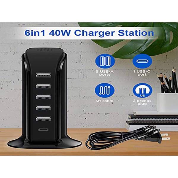 USB Charger Block 6 In 1 Upoy, 40W USB C Charger 3A, Charging Hub With 5 USB Ports(Shared 6A) For Multiple Electronics[Do not ship on weekends, place orders with caution]