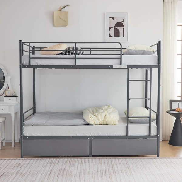 Twin Over Twin Convertible Bunk Bed with 2 Storage Drawers, Metal Bunk Bed Can be Divided Into Two Daybeds, Grey