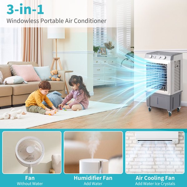3 in 1 Portable Evaporative Cooler,Indoor,Outdoor,2353CFM Personal Air Cooler,7.9 Gal Large Water Tank & Scroll Casters, 4 Ice Packs,White，Manual control
