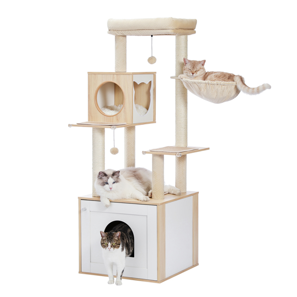 56.7" Cat Tree with Litter Box Enclosure Large, Wood Cat Tower for Indoor Cats with Storage Cabinet and Cozy Cat Condo, Sisal Covered Scratching Post and Repalcable Dangling Balls, Beige 