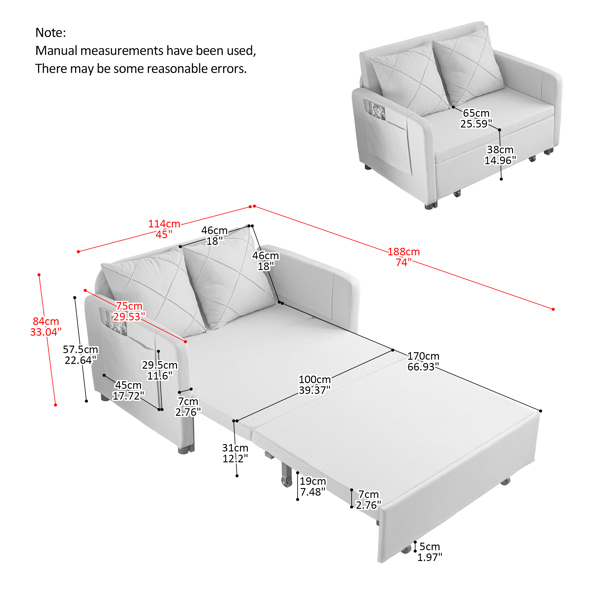 Modern Love Seat Futon Sofa Bed with Headboard,Linen Love seat Couch,Pull Out Sofa Bed With 2 Pillows & 2 Sides Pockets for Any Small Spaces 