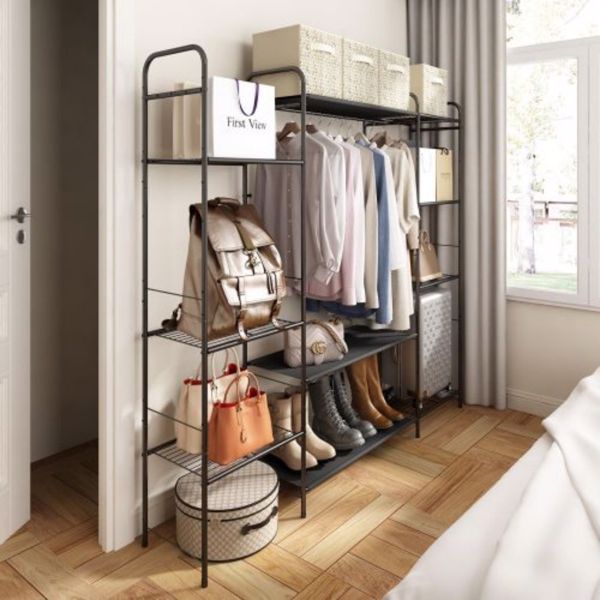 Garment Rack with Double Shelves for Hanging Clothes, Free-Standing Clothes Rack with Shelves for Bedroom, Bathroom, Metal Clothes Racks for Hanging Clothes, Coats, Shoes, Medium, Black 