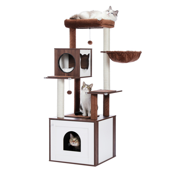56.7\\" Cat Tree with Litter Box Enclosure Large, Wood Cat Tower for Indoor Cats with Storage Cabinet and Cozy Cat Condo, Sisal Covered Scratching Post and Repalcable Dangling Balls, Brown(Unable to shi