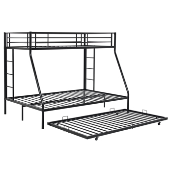 Twin Over Full Bunk Bed with Trundle, Triple Bunk Beds for Kids Teens Adults, Metal Bunk Bed with Two Side Ladder and Guardrails, Black