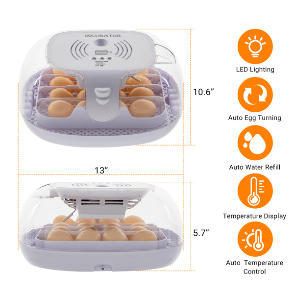 Incubators for Hatching Eggs, 360 Degree View, 16 Eggs Incubator with Automatic Egg Turning, Egg Candler and Automatic Water Adding Function for Hatching Chicken Duck Quail Goose Birds 