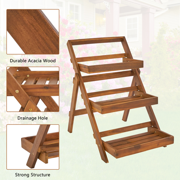 3-Tier Acacia Wood Plant Stand, Foldable Compact Indoor/Outdoor Display Rack for Plants and Decorative Items