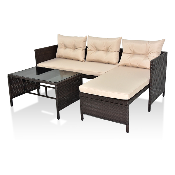 3 Piece Outdoor PE Rattan Furniture Set, Patio Black Wicker Conversation Loveseat Sofa Sectional Couch Khaki Cushion