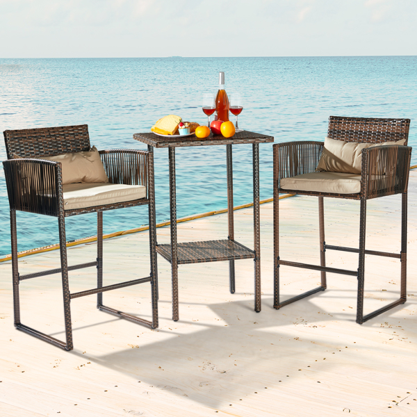 Outdoor 3 Piece Patio Bar Set, Bar Height Bistro Table Set for 2 People, High Top Wicker Bar Stools and Table Outdoor Bar Set with Cushions and Pillows, Brown Gradient Rattan & Beige Cushion