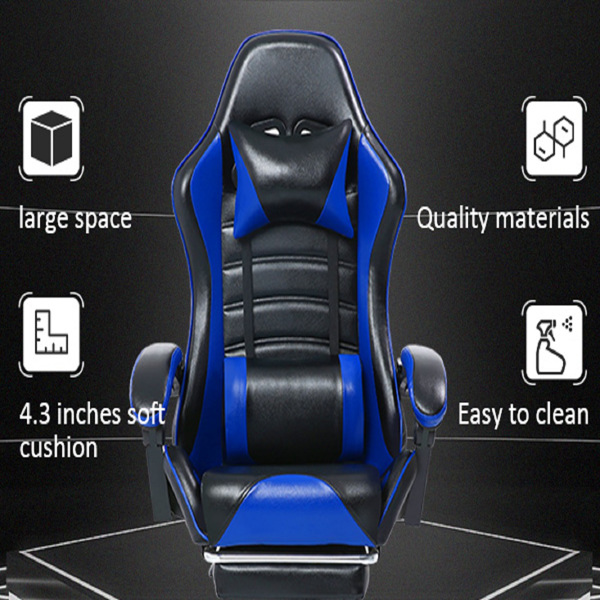 Game Chair, Adult Electronic Gaming Chair, Ergonomically Designed, PU Leather, Lounge Chair with Footstool and Waist Support, Office Chair, Blue