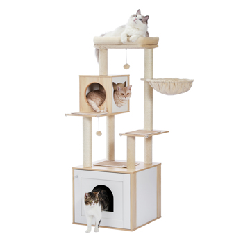 56.7\\" Cat Tree with Litter Box Enclosure Large, Wood Cat Tower for Indoor Cats with Storage Cabinet and Cozy Cat Condo, Sisal Covered Scratching Post and Repalcable Dangling Balls, Beige 