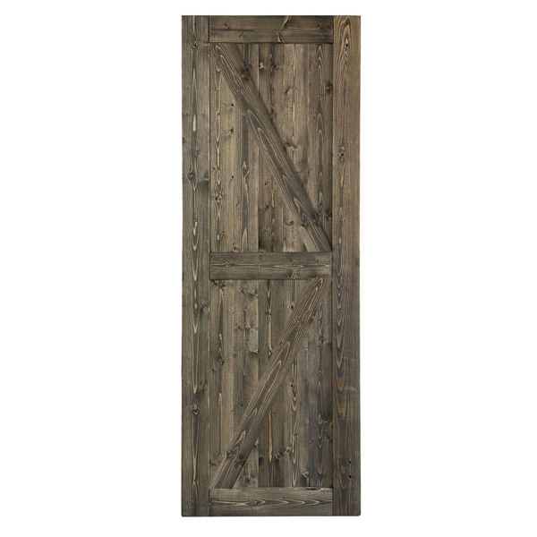 30 in. x 84 in. Sliding Barn Door with 5FT Barn Door Hardware Kit & Handle ，K Frame，Solid Spruce Wood，gray spray paint