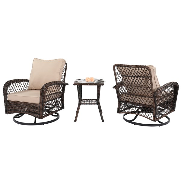 3 Pieces Patio Furniture Set, Outdoor Swivel Gliders Rocker, Wicker Patio Bistro Set with Rattan Rocking Chair, Glass Top Side Table and Thickened Cushions for Porch Deck Backyard, Brown Gradient Ratt
