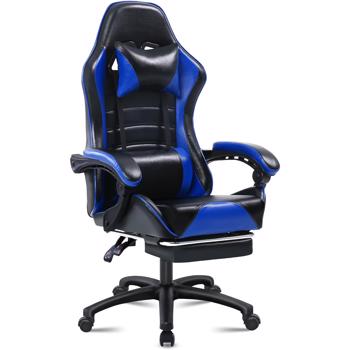 Game Chair, Adult Electronic Gaming Chair, Ergonomically Designed, PU Leather, Lounge Chair with Footstool and Waist Support, Office Chair, Blue