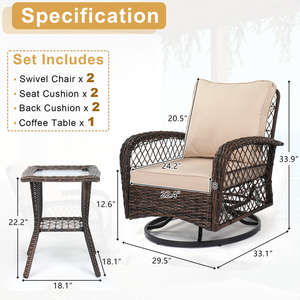 3 Pieces Patio Furniture Set, Outdoor Swivel Gliders Rocker, Wicker Patio Bistro Set with Rattan Rocking Chair, Glass Top Side Table and Thickened Cushions for Porch Deck Backyard, Brown Gradient Ratt