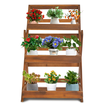 3-Tier Acacia Wood Plant Stand, Foldable Compact Indoor/Outdoor Display Rack for Plants and Decorative Items
