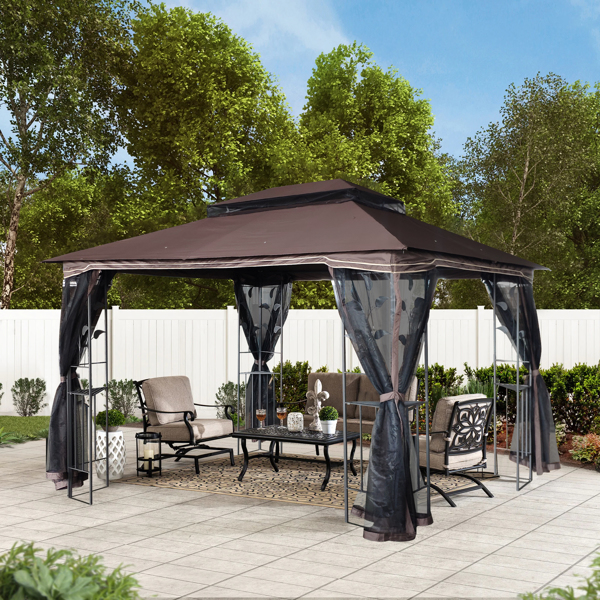13x10 Outdoor Patio Gazebo Canopy Tent With Ventilated Double Roof And Mosquito net,Brown Top