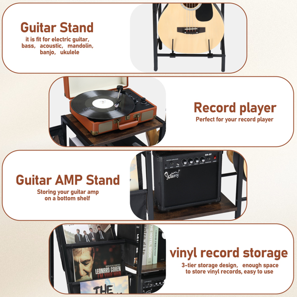 Multifunction Guitar Stand with 2-Tier for Acoustic, Electric Guitar, Bass and 3-Tier Vinyl Record Storage for record, Guitar Rack Holder Adjustable for Guitar Amp , Vinyl record player